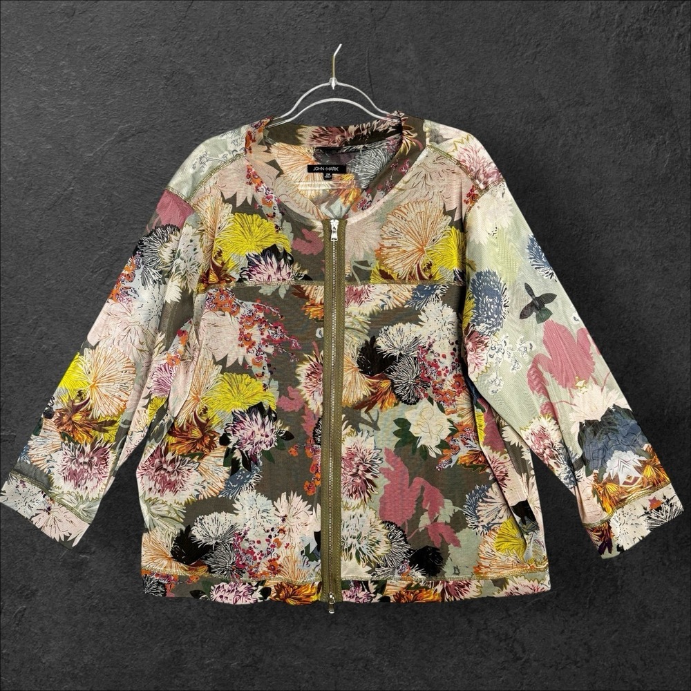 John Mark Floral Mesh Zip Jacket Womens‎ Size 2X Sheer Colorful Boho Semi Sheer